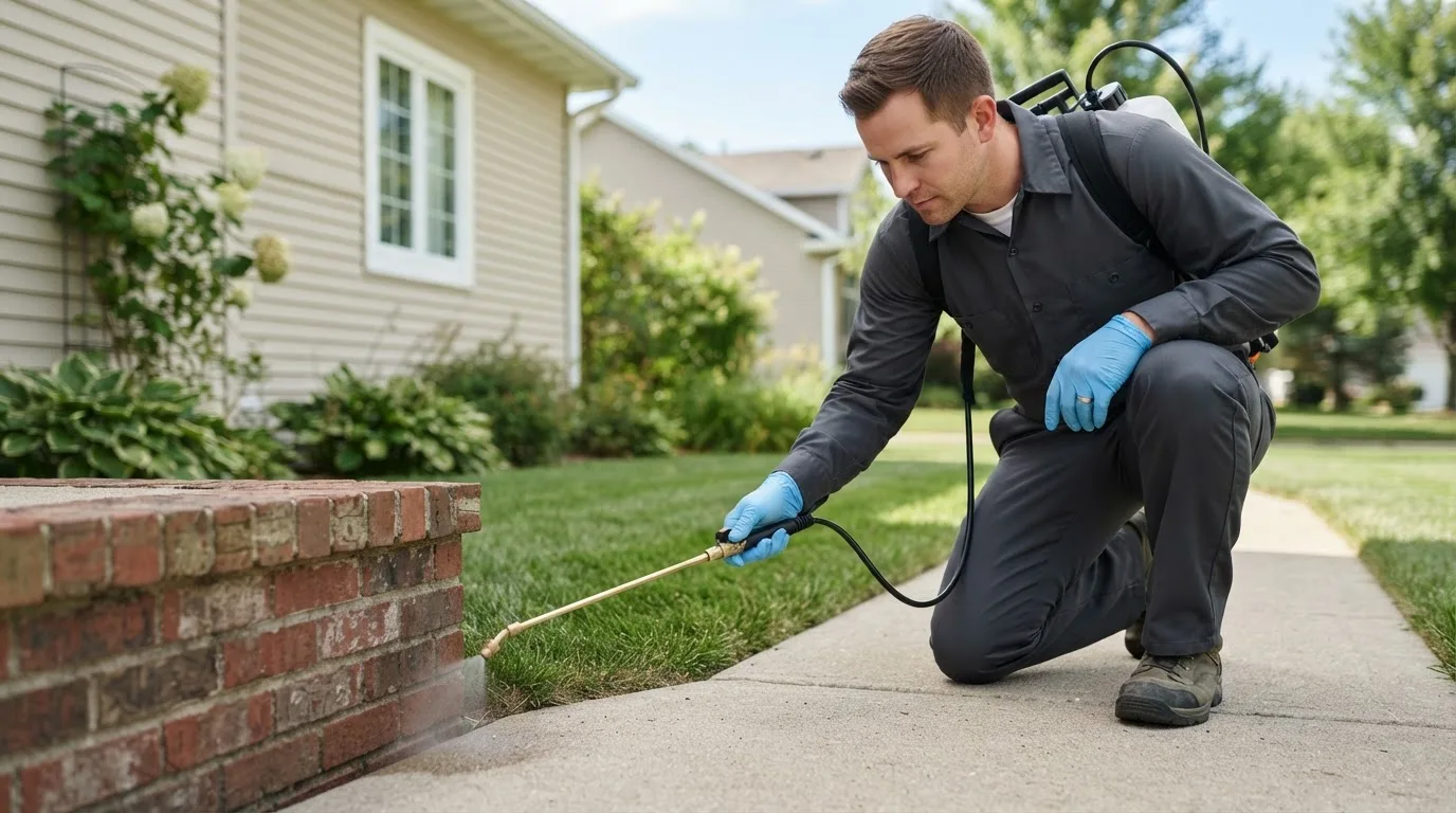 Pest control technician treating a home near White Cloud, MI