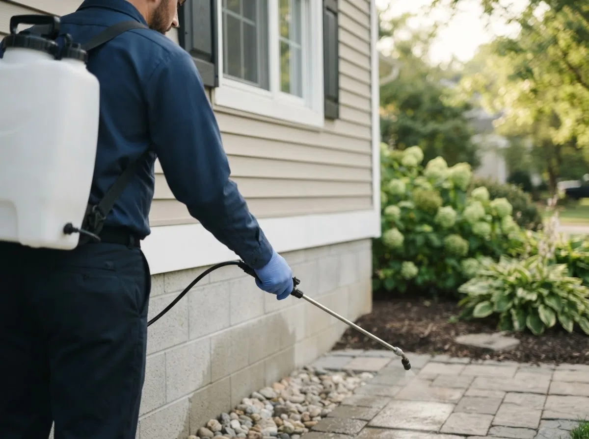 Pest control technician inspecting a home in White Cloud, MI